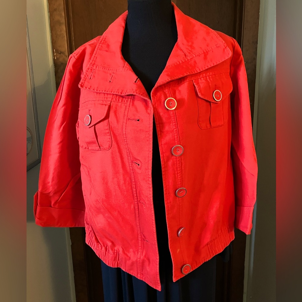Chicos Orange Red 100% Cotton Denim Jacket Size 1 Medium Button Front